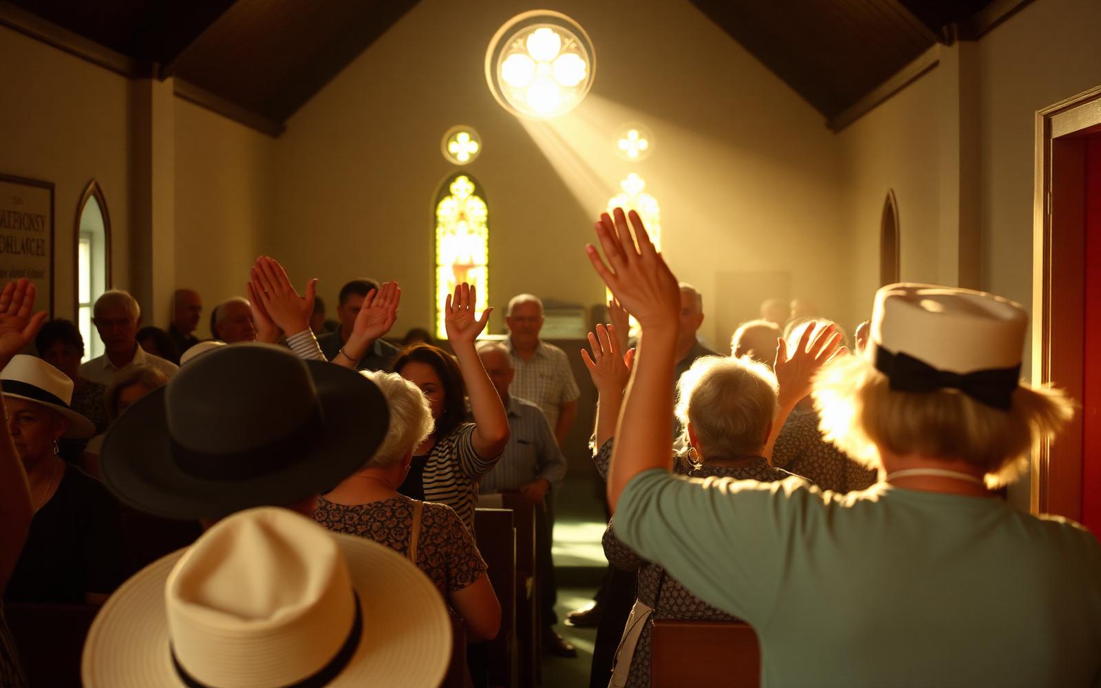 A congregation with hands raised in a small church