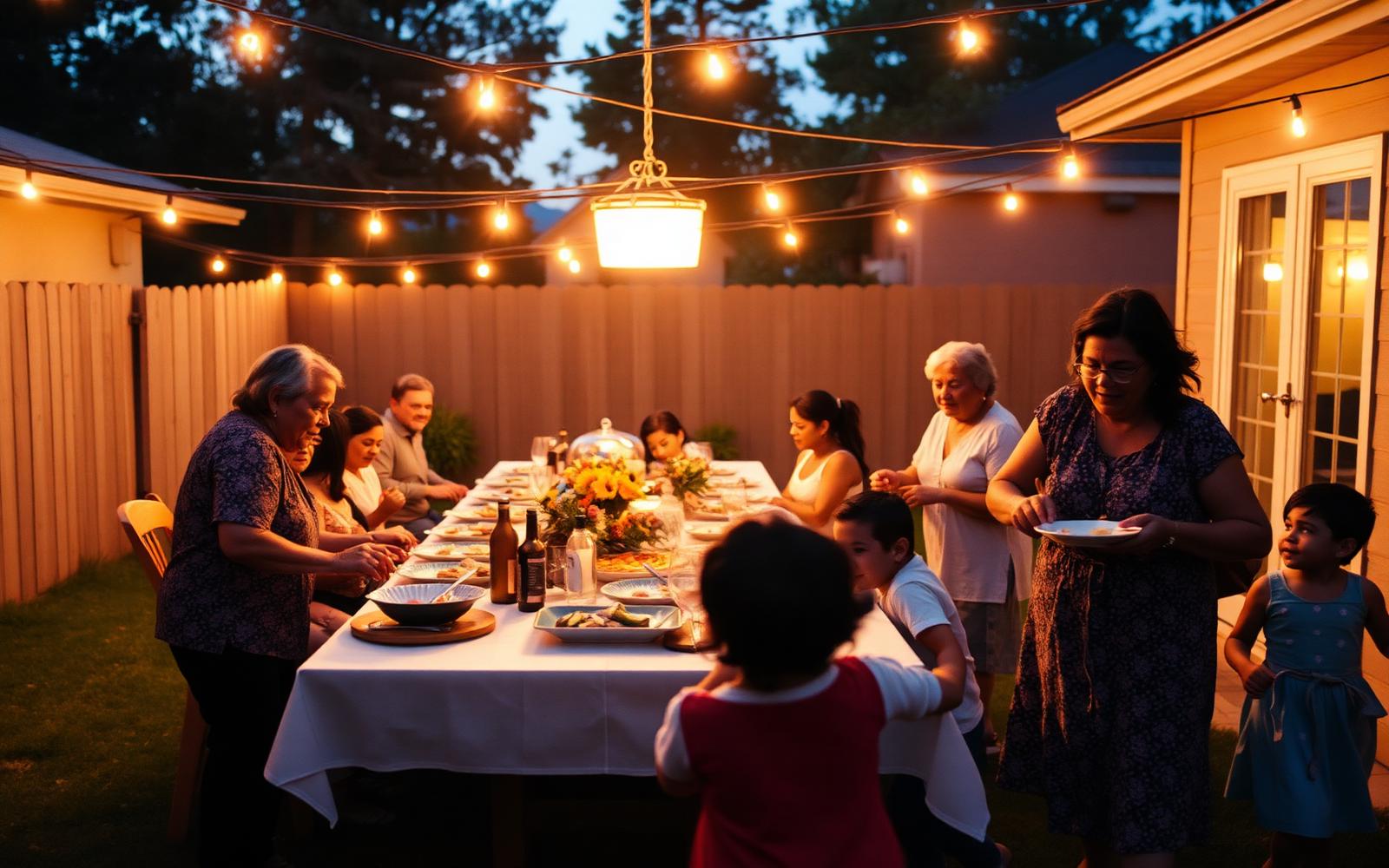 A family gathered around a long table under string lights at dusk