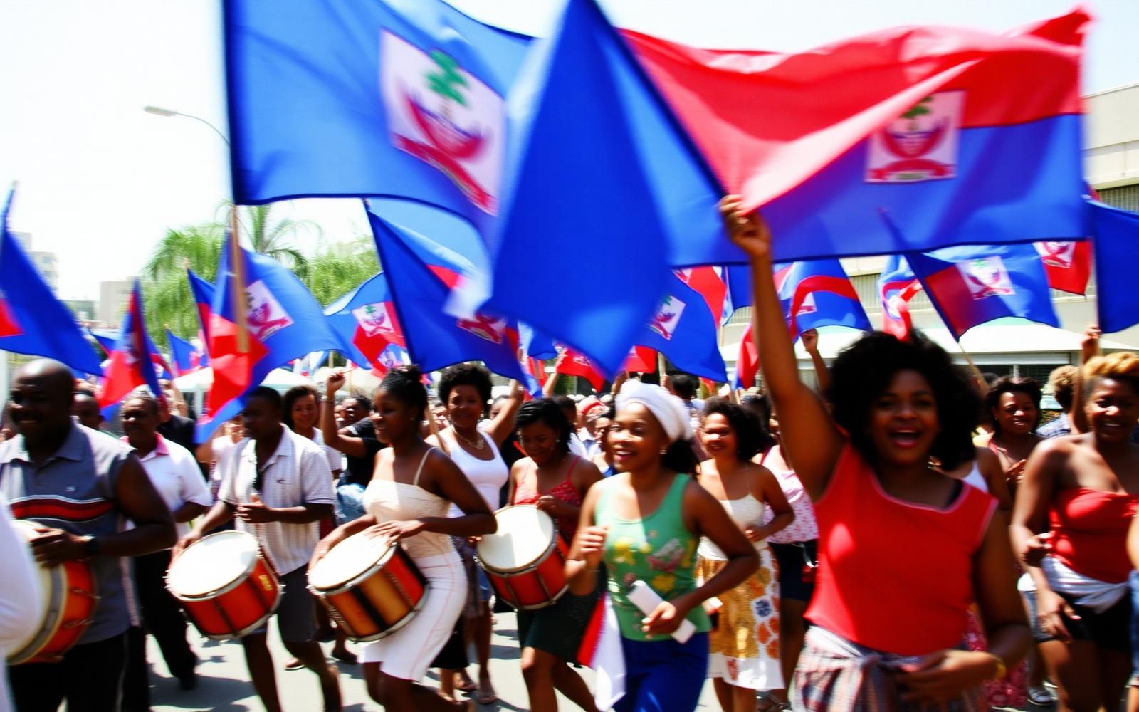 A street celebration with flags raised and drums playing