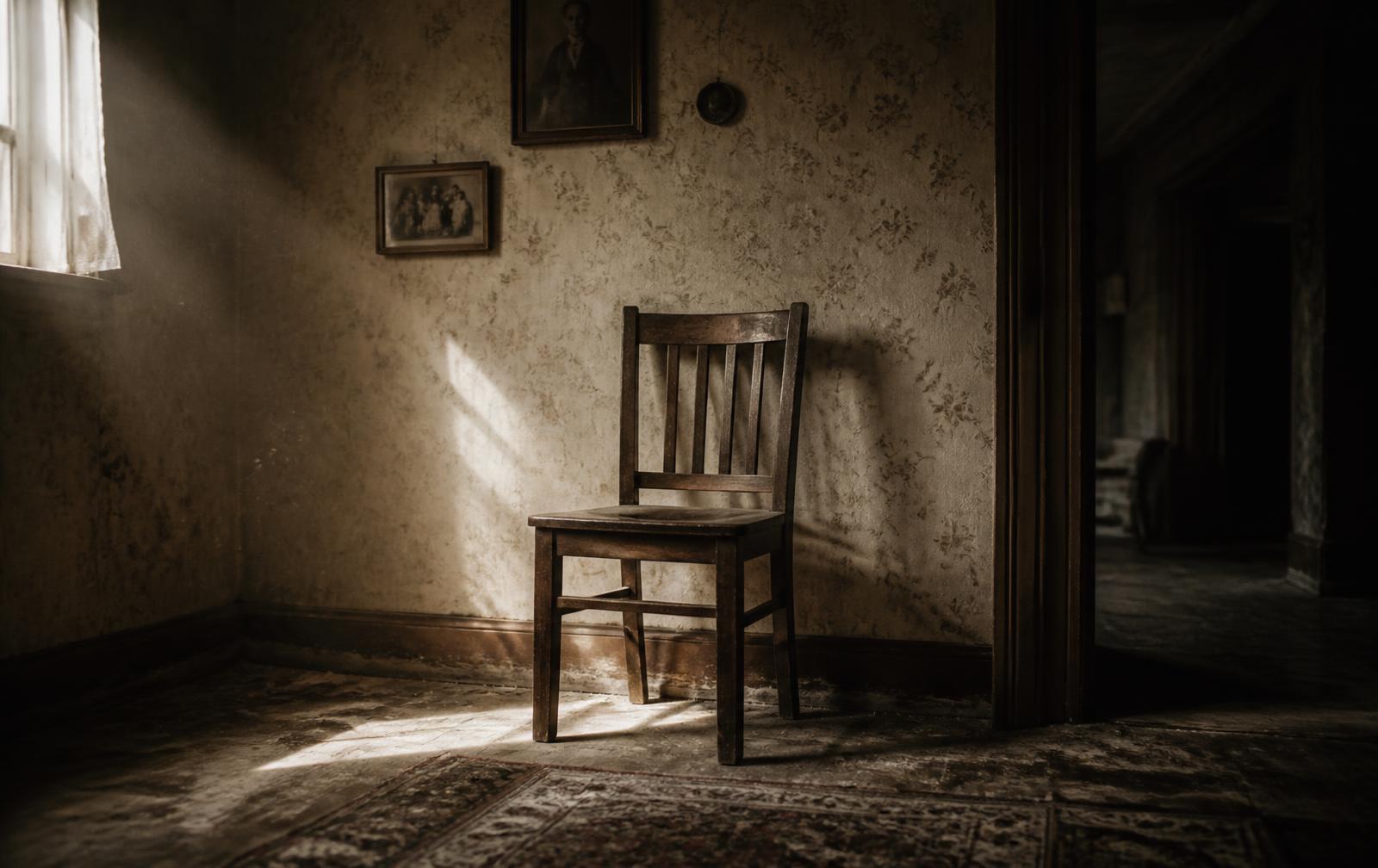 An empty wooden chair in an old family home, lit by a shaft of window light