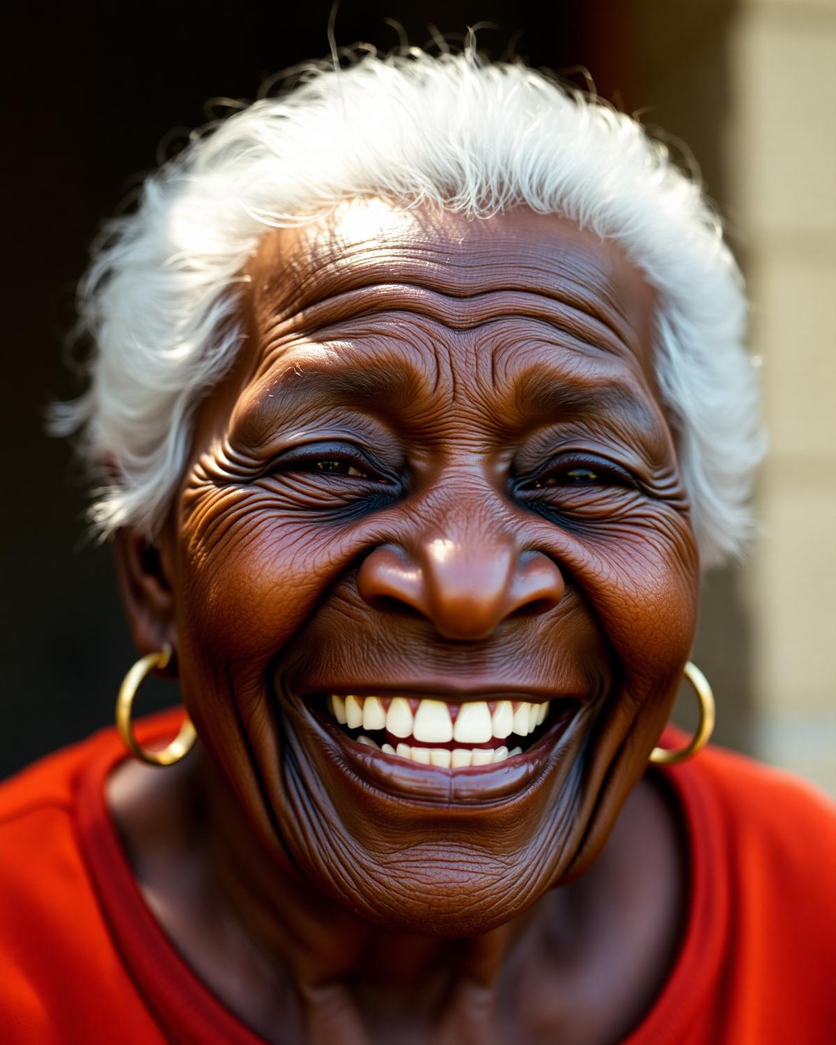 An elderly woman laughing, photographed close up